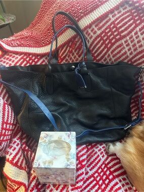 Black Leather Tote Bag with Blue Strap - Women's Bag
